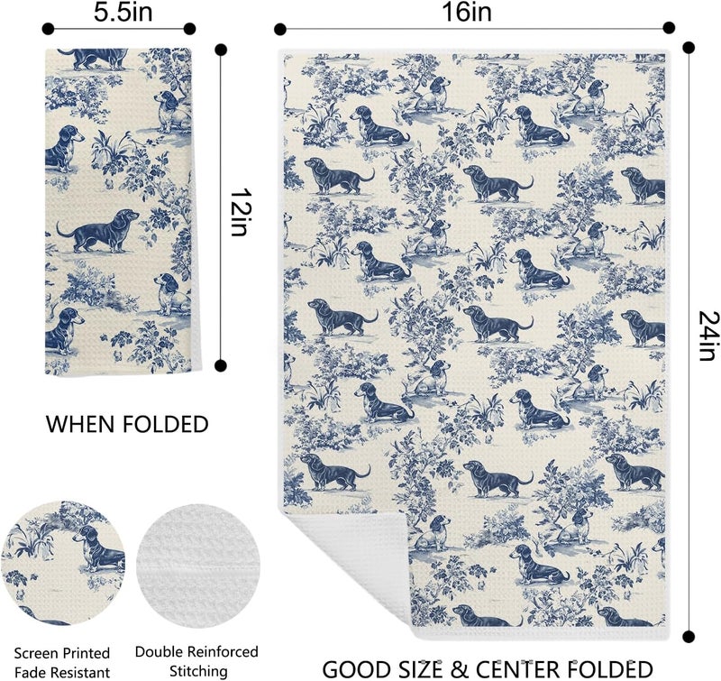 EKGJW Chinoiserie Dachshund Kitchen Towels, Dachshund Weiner Dog Lover Gifts Dish Tea Towels for Kitchen Decor, Grandmillennial Toile de Jouy Dog Hand Towels for Bathroom, 16x24 Inch Set of 2 - Image 2